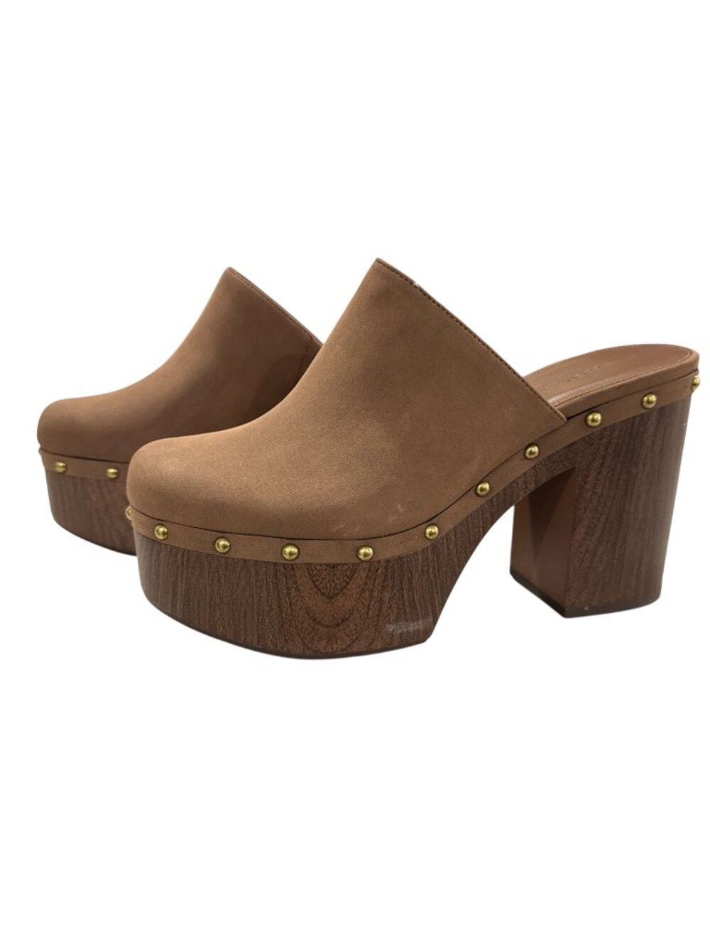 Bershka Brown Faux Suede Platform Studded Mules With Wooden Block Heels Women's